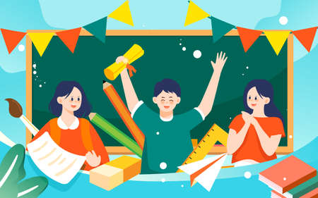 Students cheering and encouraging each other before exams with blackboard and podium in the background, vector illustrationのイラスト素材