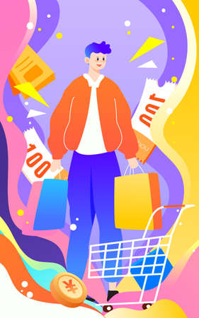 Boy shopping with shopping bags, 618 e-commerce shopping festival, vector illustrationのイラスト素材