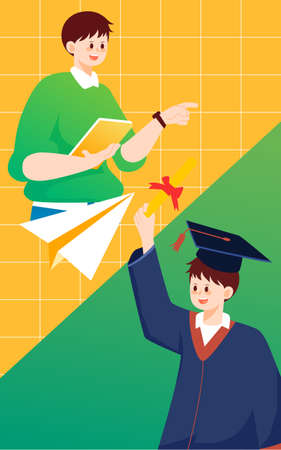 Students graduate successfully by studying with books and papers in the background, vector illustrationのイラスト素材