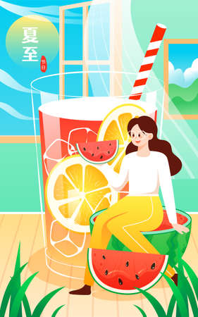 People drinking and eating watermelon outdoors in summer with plants and river in the background,...