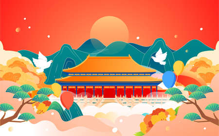 Landscape of traditional ancient buildings with mountains and clouds in the background, vector illustrationのイラスト素材