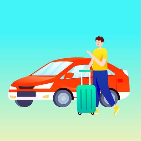 People travel in cars after vacation with various plants and buildings in the background, vector illustrationのイラスト素材