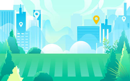 Courier delivering on a motorcycle with various plants and buildings in the background, vector illustrationのイラスト素材