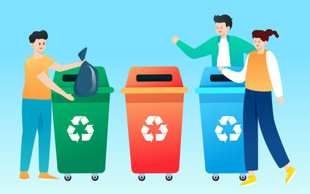 People are sorting garbage with various plants and buildings in the background, vector illustrationのイラスト素材