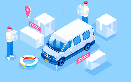 People are moving goods, cars are leaving with cargo, transportation, vector isometric illustrationのイラスト素材