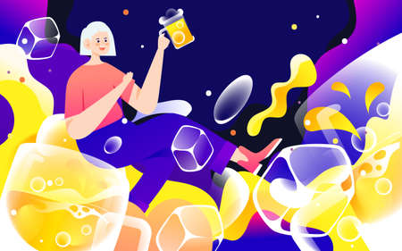People drink beer in celebration of festival, Oktoberfest with ice cubes and people in background, vector illustrationのイラスト素材