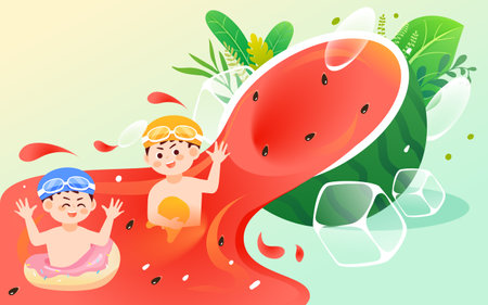 Summer character sits on watermelon and eats watermelon to relieve the heat, with ice cubes and plants in the background, vector illustrationのイラスト素材