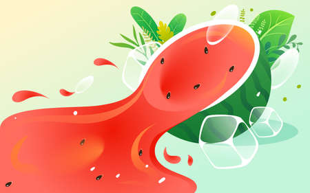 Summer character sits on watermelon and eats watermelon to relieve the heat, with ice cubes and plants in the background, vector illustrationのイラスト素材