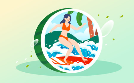 Summer character sits on watermelon and eats watermelon to relieve the heat, with ice cubes and plants in the background, vector illustrationのイラスト素材