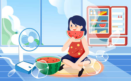 Summer character sitting at home blowing a fan and eating watermelon with living room and plants in the background, vector illustrationのイラスト素材