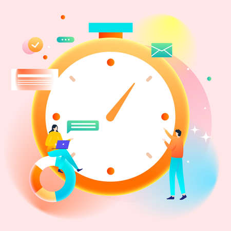 Characters financial management, business office, with various data graphs and tables in the background, vector illustrationのイラスト素材