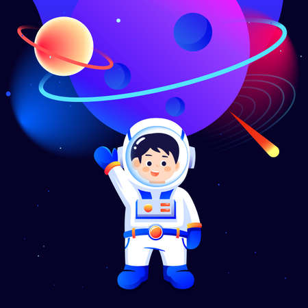 Astronaut is exploring space with universe and planets in the background, vector illustrationのイラスト素材