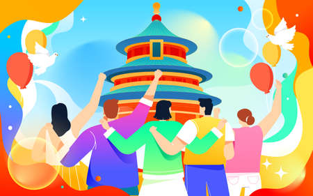 Celebrate National Day, traditional Chinese architecture with clouds and mountain peaks in the background, vector illustrationのイラスト素材