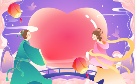 Chinese traditional festival Qixi Festival, Cowherd and Weaver Girl meet on magpie bridge, Chinese Valentine's Day, vector illustrationの販売画像