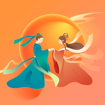 Chinese traditional festival Qixi Festival, Cowherd and Weaver Girl meet on magpie bridge, Chinese Valentine's Day, vector illustrationのイラスト素材