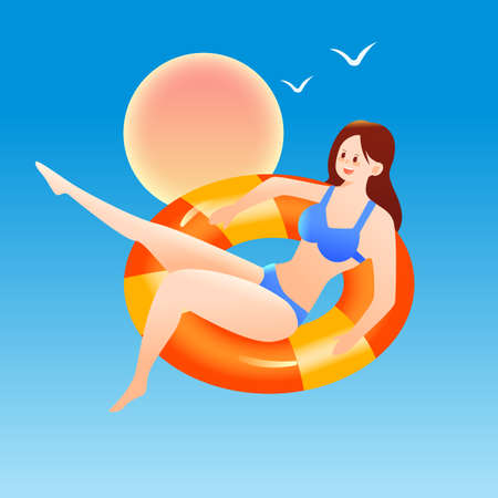 Characters swimming at the seaside in summer, big summer solar term, summer swimming hobby class summer camp activities, vector illustrationのイラスト素材