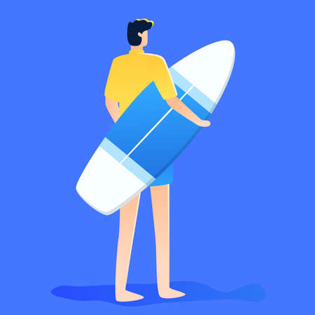 Characters swimming and surfing at the seaside in summer, big summer solar term, summer beach outdoor activities, vector illustrationのイラスト素材
