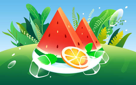 Green fruit watermelon to relieve the heat in summer, delicious food for the great summer festival, vector illustrationのイラスト素材