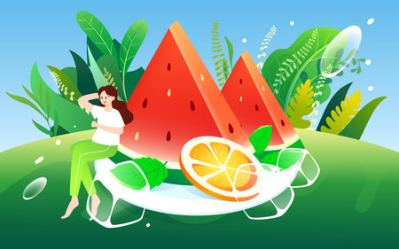 Green fruit watermelon to relieve the heat in summer, delicious food for the great summer festival, vector illustrationのイラスト素材