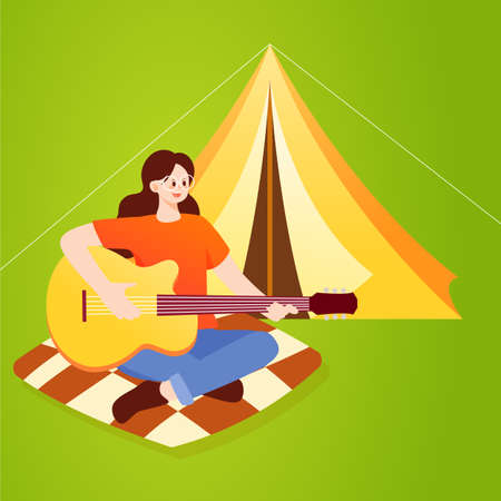 Summer camping outdoors, family picnic party on grass tent, vector illustrationのイラスト素材