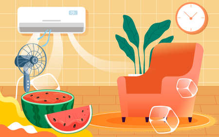 People blow air conditioner indoors in hot summer, prevent heat stroke in dog days, vector illustrationのイラスト素材