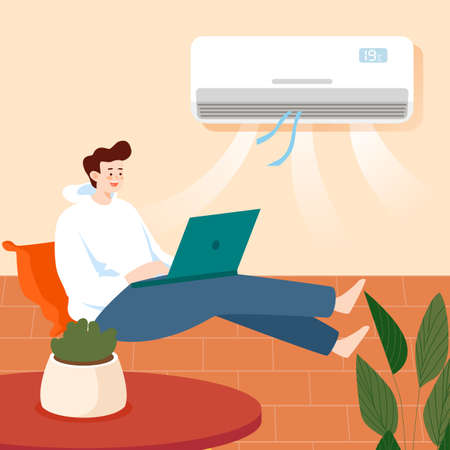 People blow air conditioner indoors in hot summer, prevent heat stroke in dog days, vector illustrationのイラスト素材