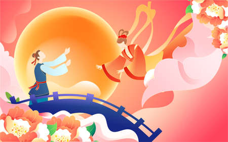 Tanabata festival, Cowherd and Weaver Girl meet on the bridge of magpies, traditional festival, vector illustrationのイラスト素材