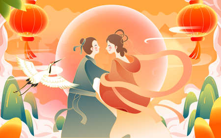 Tanabata festival, Cowherd and Weaver Girl meet on the bridge of magpies, traditional festival, vector illustrationのイラスト素材