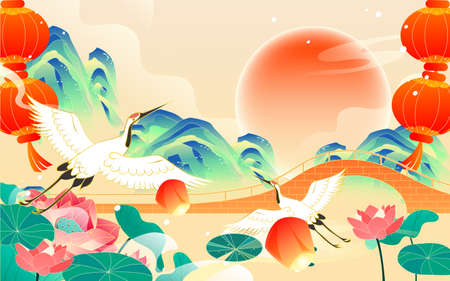 Chinese style landmark building to celebrate Mid Autumn Festival and National Day festival with buildings and clouds in the background, vector illustrationのイラスト素材