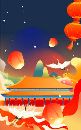 Chinese style landmark building to celebrate Mid Autumn Festival and National Day festival with buildings and clouds in the background, vector illustrationのイラスト素材