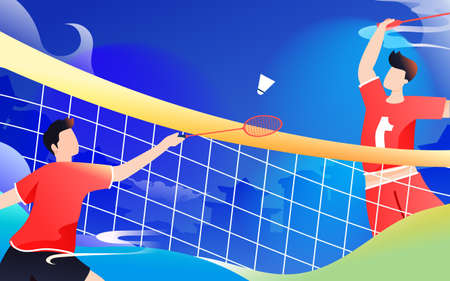 People are playing badminton in a match, people are exercising, vector illustrationのイラスト素材