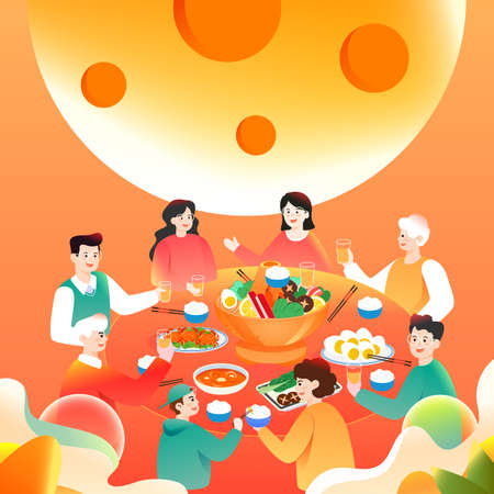 Mid-autumn festival family eating together to celebrate the festival with the moon and clouds in the background, vector illustrationのイラスト素材