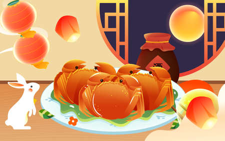 Mid-autumn festival, enjoy the moon and eat crabs and moon cakes with clouds and moon in the background, vector illustrationのイラスト素材