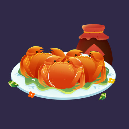 Mid-autumn festival, enjoy the moon and eat crabs and moon cakes with clouds and moon in the background, vector illustrationのイラスト素材