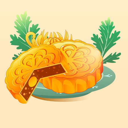 Mid-autumn festival on August 15th, moon cakes and delicacies are placed on the table with the moon and clouds in the background, vector illustrationのイラスト素材