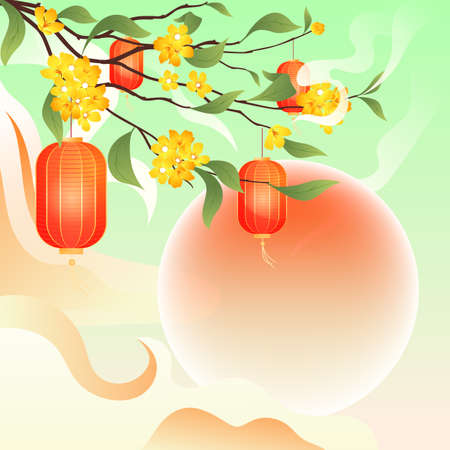 August 15th Mid-Autumn Festival, traditional Chinese festival with moon and lanterns in the background, vector illustrationのイラスト素材