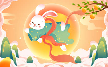 Mid-autumn festival on August 15th, traditional mythology of jade rabbit worshiping the moon, vector illustrationのイラスト素材
