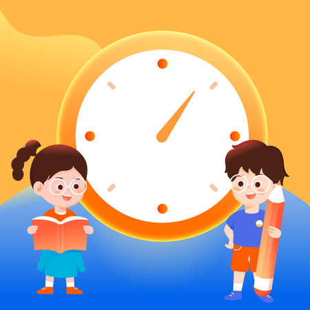 Back to school, students happy going to school, school and books in the background, vector illustrationのイラスト素材