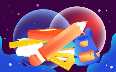 Children having fun going to school with books and pencils in the background, vector illustrationのイラスト素材