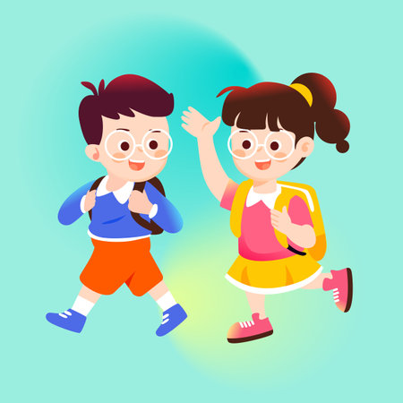 Children having fun going to school with books and pencils in the background, vector illustrationのイラスト素材