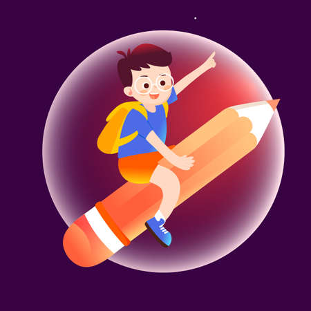 Children having fun going to school with books and pencils in the background, vector illustrationのイラスト素材