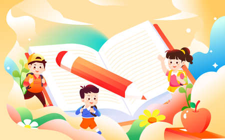 Children having fun going to school with books and pencils in the background, vector illustrationのイラスト素材