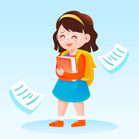 Children having fun going to school with books and pencils in the background, vector illustrationのイラスト素材
