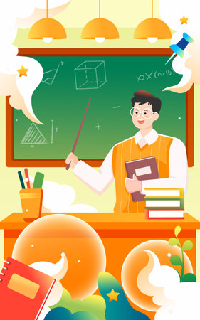 Teacher's day, teacher is giving lessons to students with blackboard and classroom in the background, vector illustrationのイラスト素材