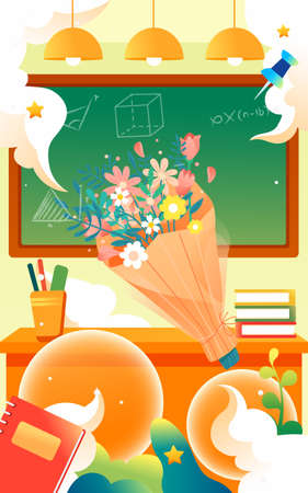 Teacher's day, teacher is giving lessons to students with blackboard and classroom in the background, vector illustrationのイラスト素材