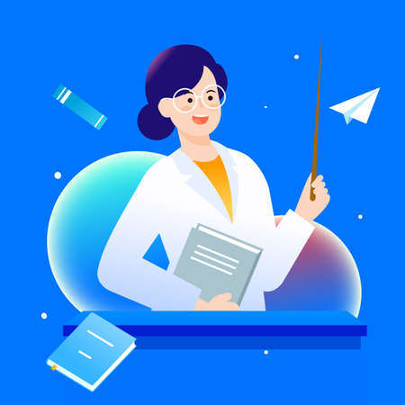 Teacher's day, teacher is giving lessons to students with blackboard and classroom in the background, vector illustrationのイラスト素材