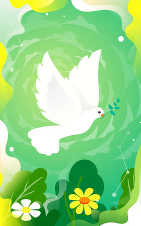 World Peace Day, release the dove of peace with plants and sky in the background, vector illustrationのイラスト素材