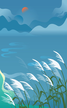 White Dew solar term, egrets playing outdoors in autumn with lake and distant mountains in the background, vector illustration,Chinese translation: Bailu solar termのイラスト素材