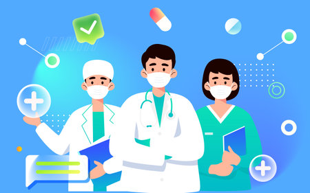 Chinese doctor's day, doctor with mask to treat flu virus, medicine and virus on background, vector illustrationのイラスト素材