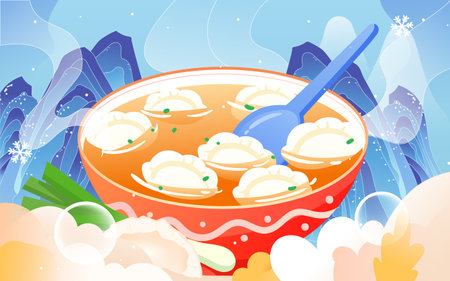 Eating dumplings during the winter solstice, celebrating the reunion of the new year in winter, vector illustrationのイラスト素材